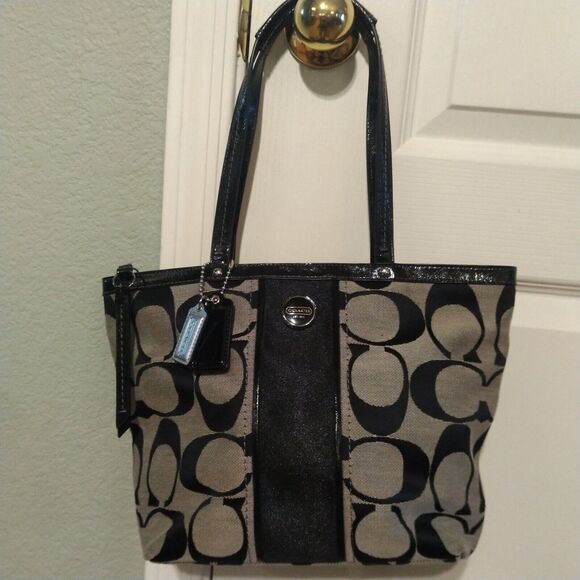 Coach Signature Black Canvas Stripe Tote Shoulder Bag Handbag Purse F21950 EUC - Picture 1 of 16
